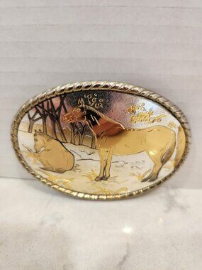 VTG Western Horse Belt Buckle Oval Running Horse Gold Silver Rope Edge Cowboy